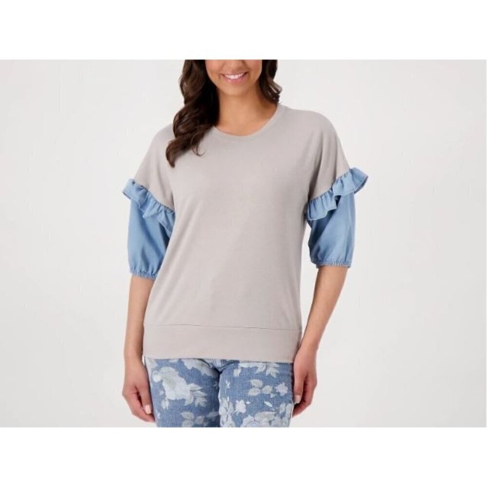 Laurie Felt Top Womens Large Gray Terry Chambray Ruffle Sleeve Cottagecore Boho